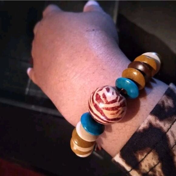 💖  2/$30 Boho chunky brown turquoise wood beaded elastic stretch charm bracelet - Picture 9 of 9